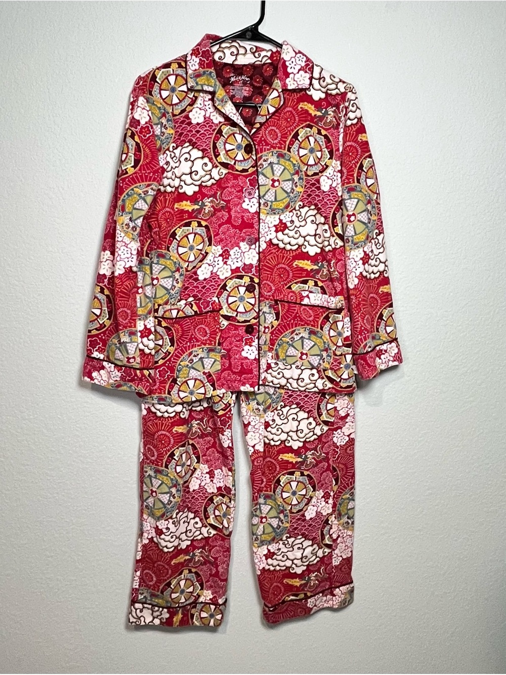 Nick & Nora Red Floral Whimsy Boho Cotton Pajamas Size Small